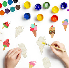 Children painting ice cream cone shapes with colorful paint and watermelon popsicle on a white background.