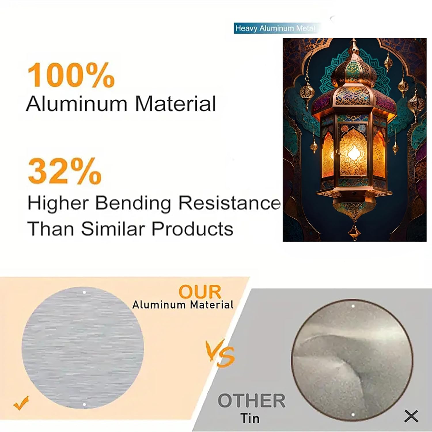 Decorative lamp with text about aluminum material and bending resistance, alongside a comparison of our aluminum material to other tin.