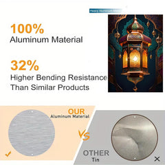 Decorative lamp with text about aluminum material and bending resistance, alongside a comparison of our aluminum material to other tin.