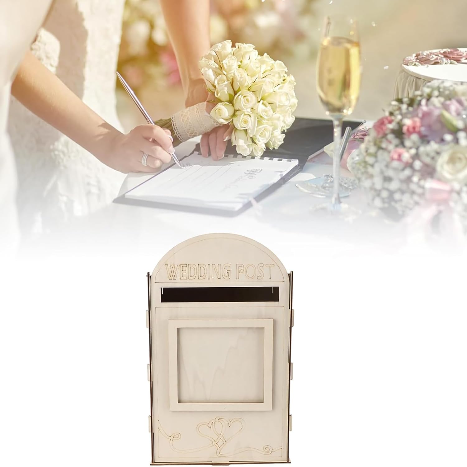 Wedding scene with a bride signing a document, holding a bouquet, and a wedding card box in the foreground.
