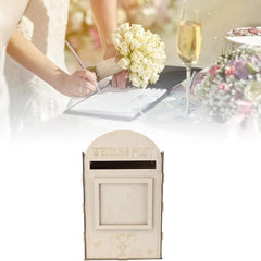 Wedding scene with a bride signing a document, holding a bouquet, and a wedding card box in the foreground.