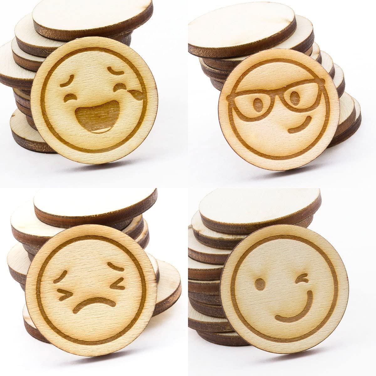 Wooden emoji coasters with various expressions on a white background