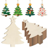 Unfinished wooden Christmas trees and decorated Christmas tree ornaments on a white background