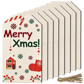 Set of Christmas gift tags with 'Merry Xmas!' text and festive designs on a white background.