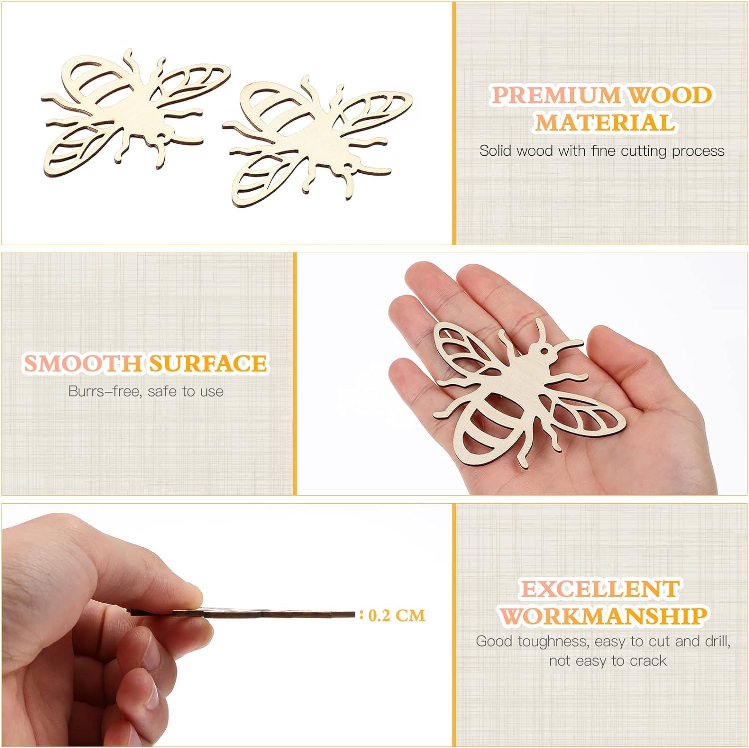 Wooden butterfly cutout with text highlighting premium wood material, smooth surface, and excellent workmanship.