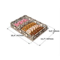 Rectangular decorative tray with pastries and dimensions labeled