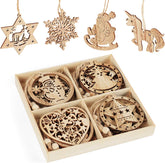 Wooden Christmas ornaments in a box with examples on a white background
