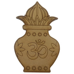 Decorative wooden piece with Om symbol and floral design on a white background