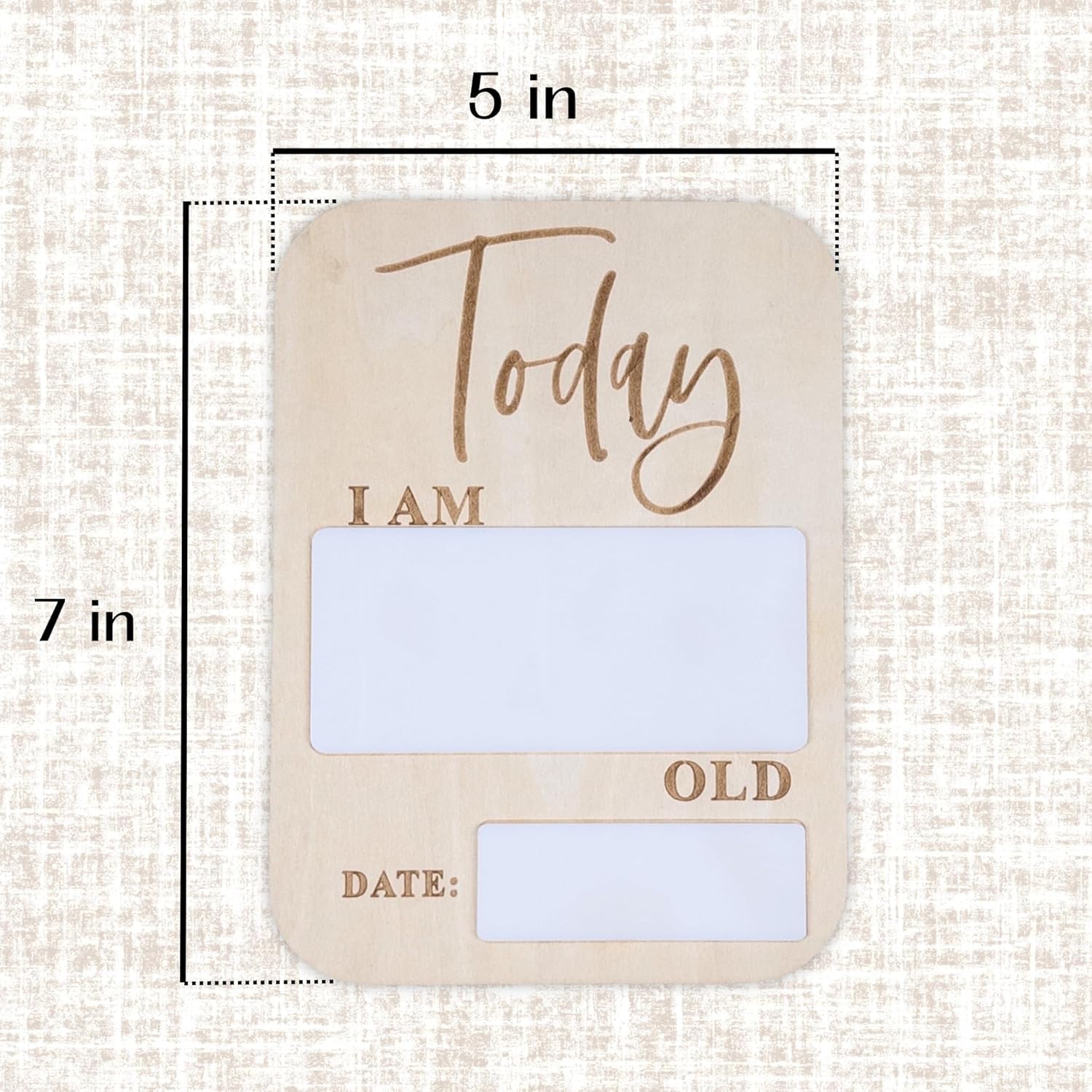 Measurement chart of a wooden plaque with text and space for writing, on a textured beige background.