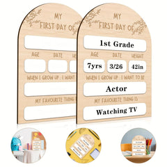 Wooden first day of school sign with customizable fields for age, date, height, and interests.