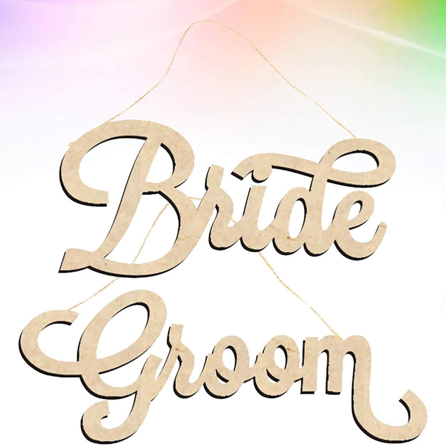 Wooden 'Bride' and 'Groom' signs on a colorful background