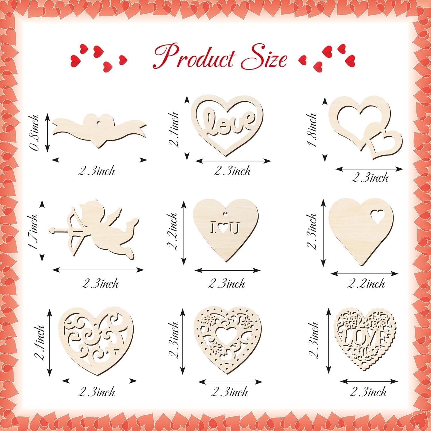 Wooden heart-shaped cutouts with measurements and text on a decorative border