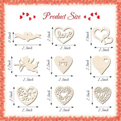Wooden heart-shaped cutouts with measurements and text on a decorative border
