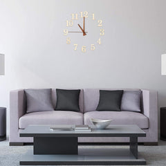 Modern living room with a gray sofa, coffee table, and decorative wall clock.