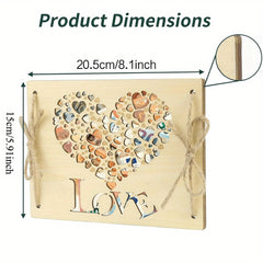 Wooden heart-shaped plaque with 'LOVE' engraving and small heart decorations, showing product dimensions.