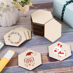 Hexagonal wooden coasters with Christmas designs on a wooden surface.