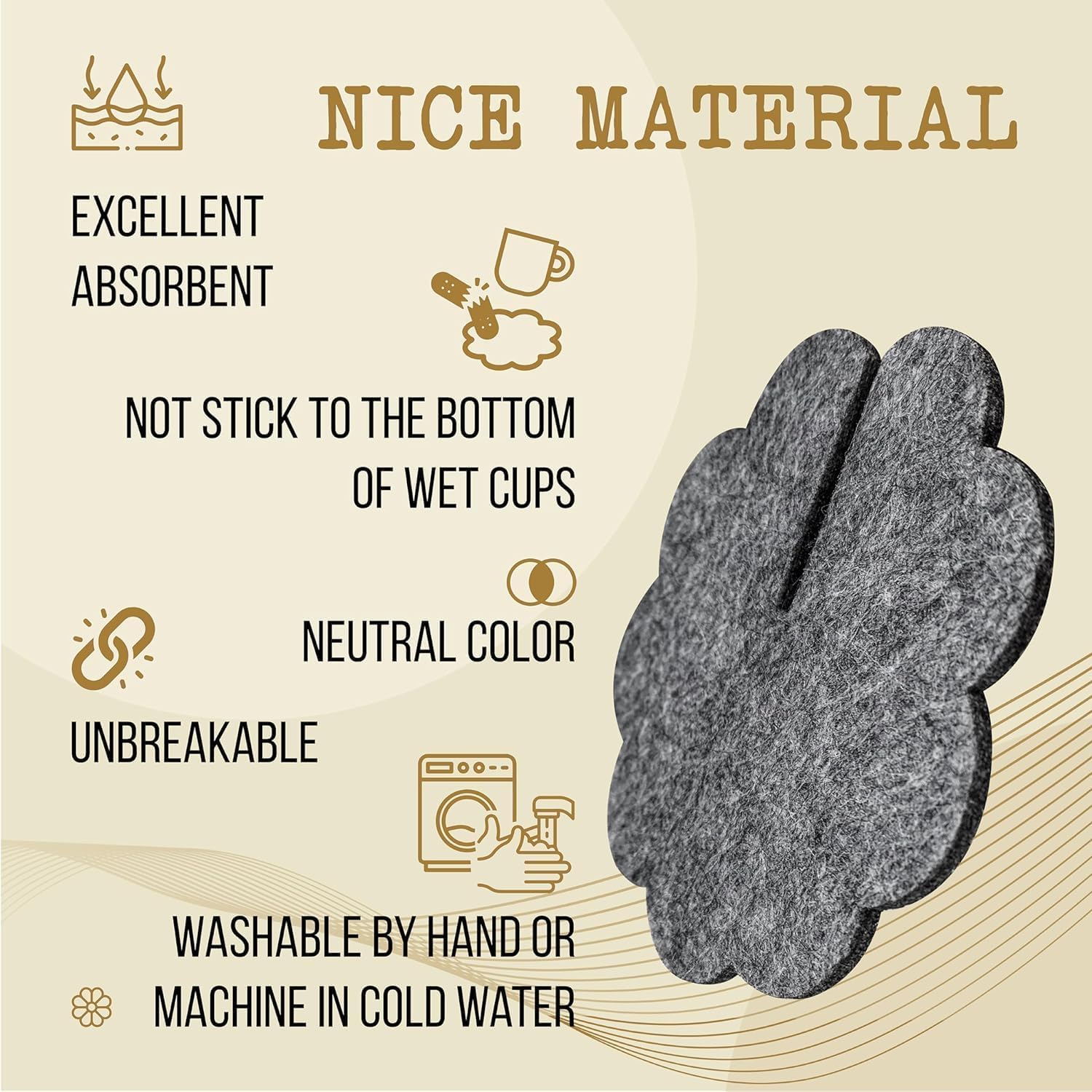 Product description card with text and an image of a gray product on a beige background