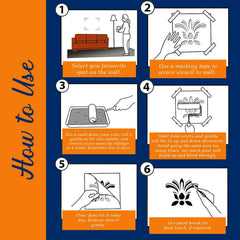 Step-by-step guide on how to use a wall stencil with illustrations and text.