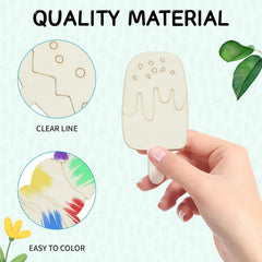 Hand holding a wooden popsicle mold with close-up details and text about material quality.