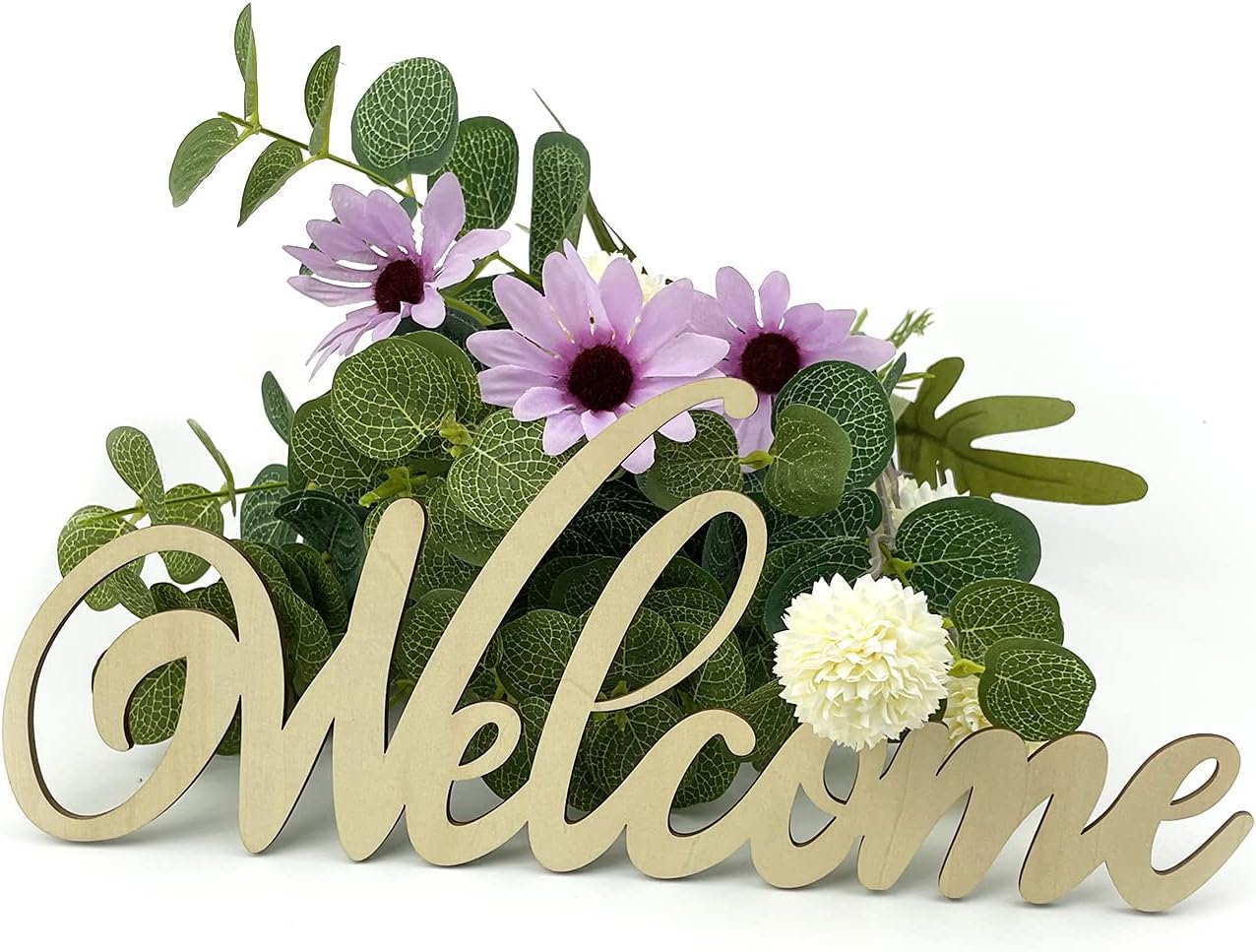 Decorative 'Welcome' sign with flowers and greenery on a white background