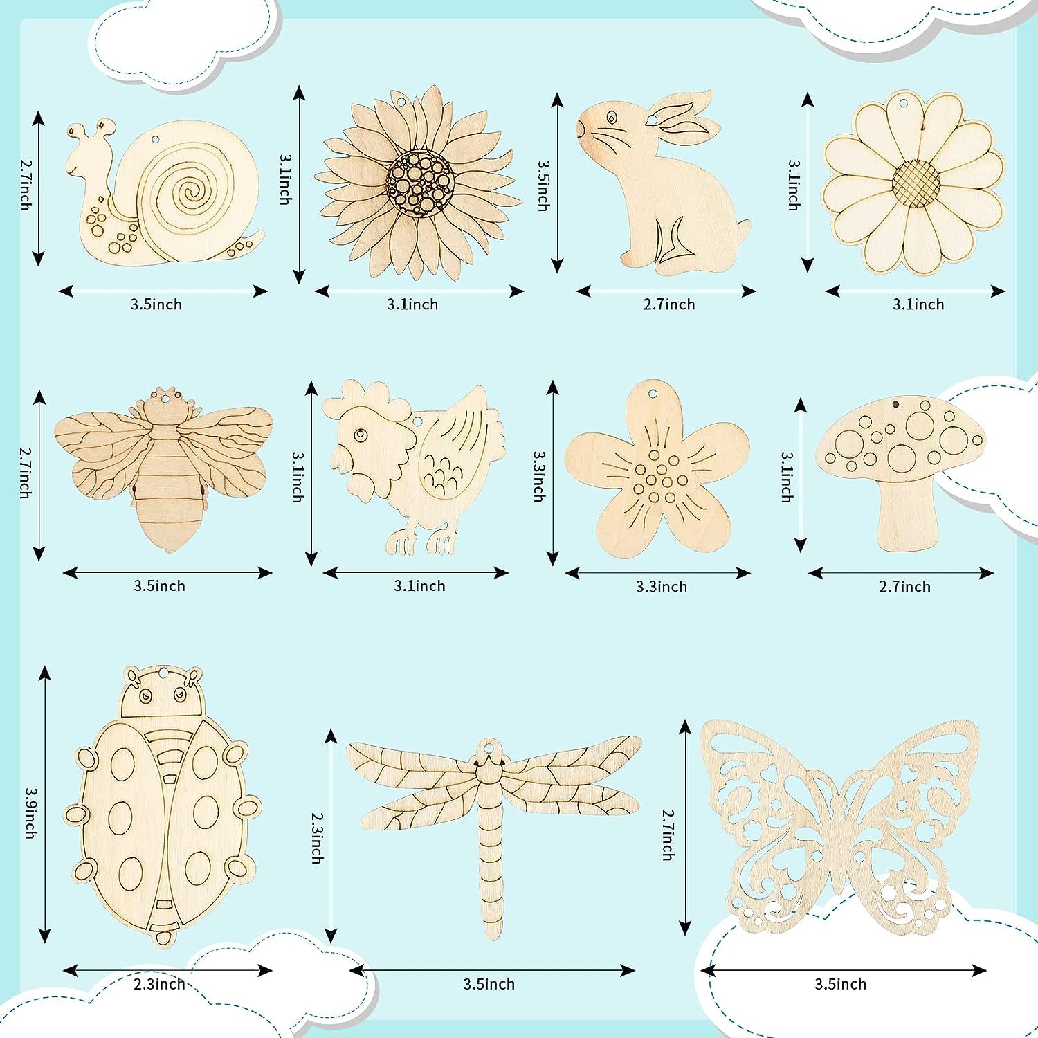 Wooden craft shapes with measurements on a light blue background