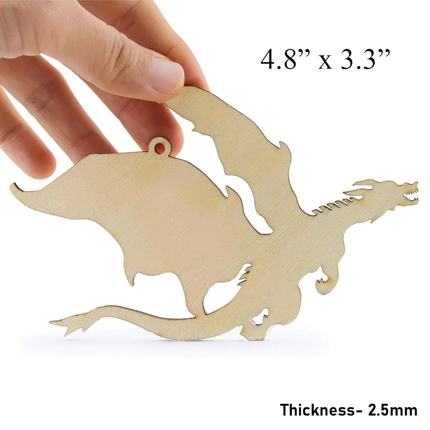 Wooden dragon ornament held by a hand with dimensions and thickness displayed.