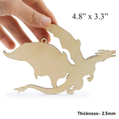 Wooden dragon ornament held by a hand with dimensions and thickness displayed.