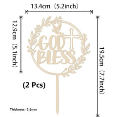 Cliths Pack of 2 Wooden "God Bless" Cake Toppers Baptism & Christening Decor, Dove & Cross Rustic MDF