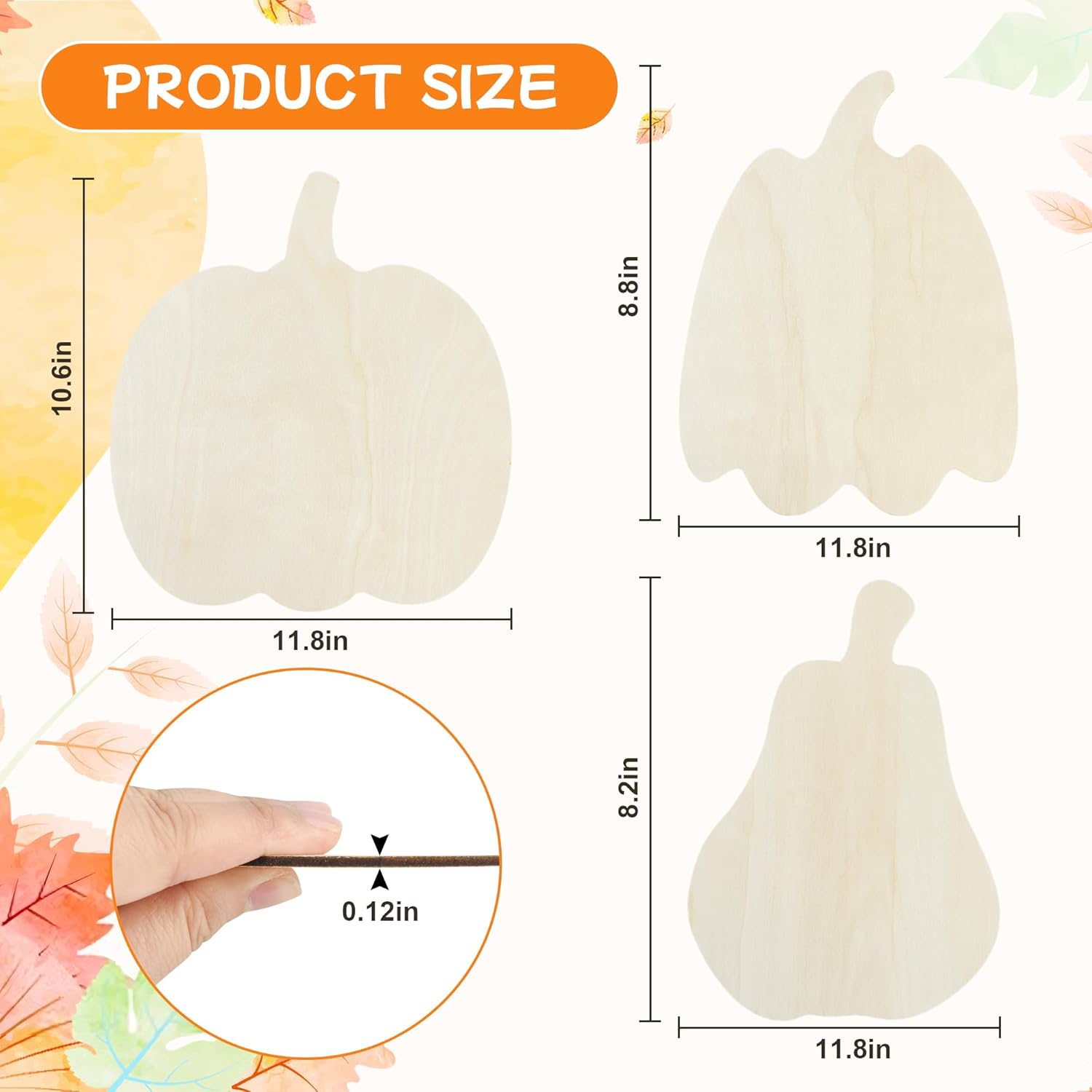 Product size chart with dimensions of a white pear-shaped item, surrounded by colorful leaves.