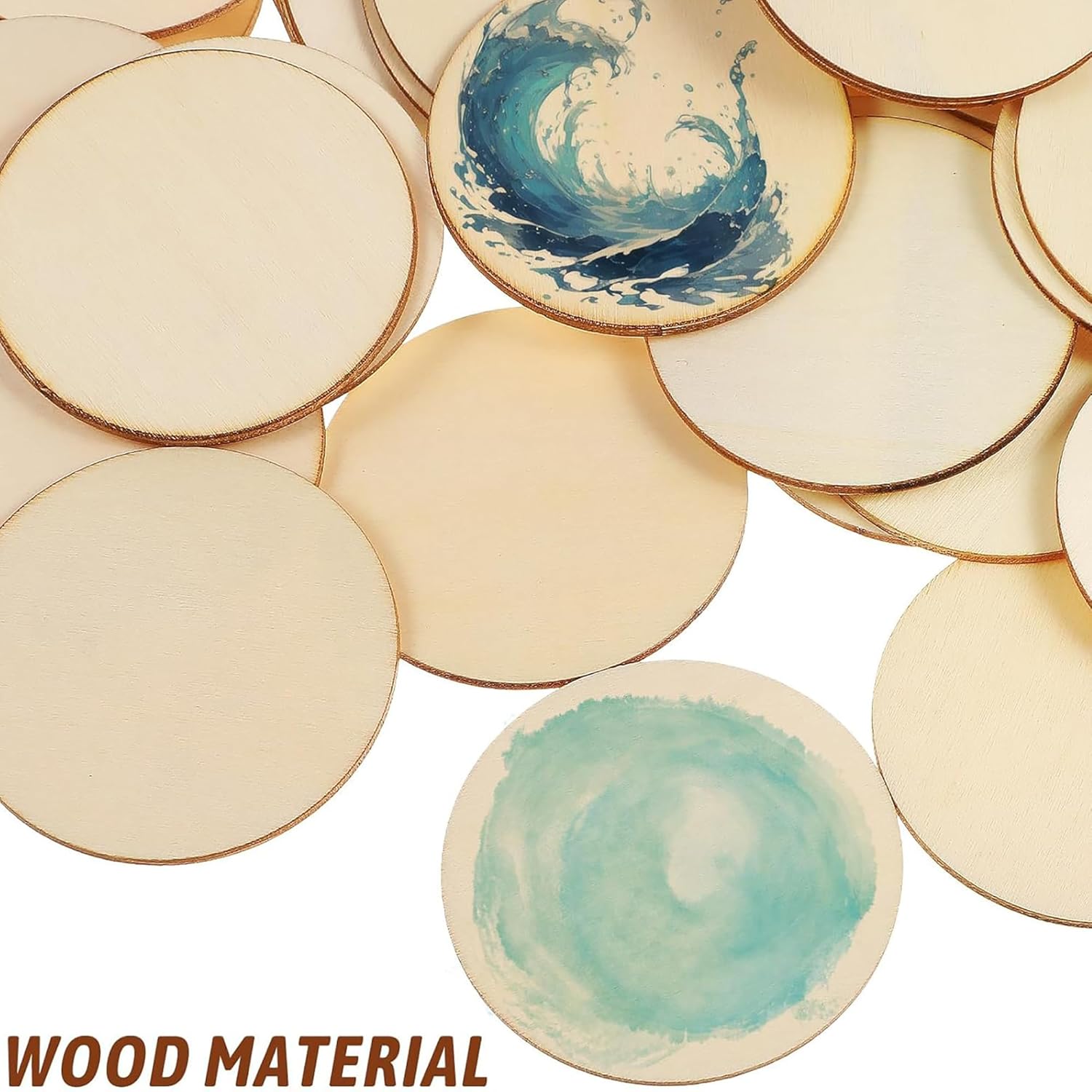 Wooden coasters with wave designs on a white background
