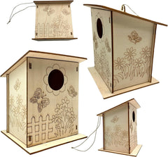 Set of four wooden birdhouses with floral and nature-themed designs on a white background