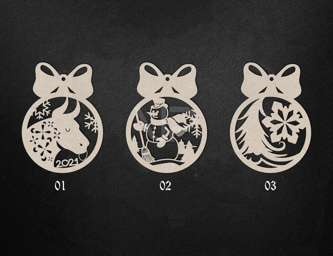 Three decorative Christmas ornaments with cut-out designs on a black background