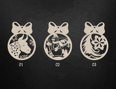 Three decorative Christmas ornaments with cut-out designs on a black background