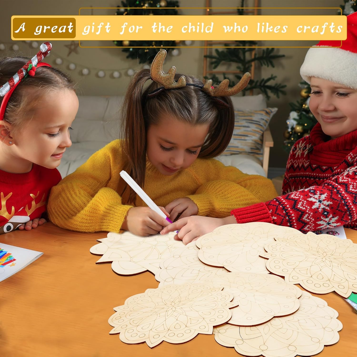 Children engaged in a craft activity with doily patterns on a table, surrounded by Christmas-themed decorations.