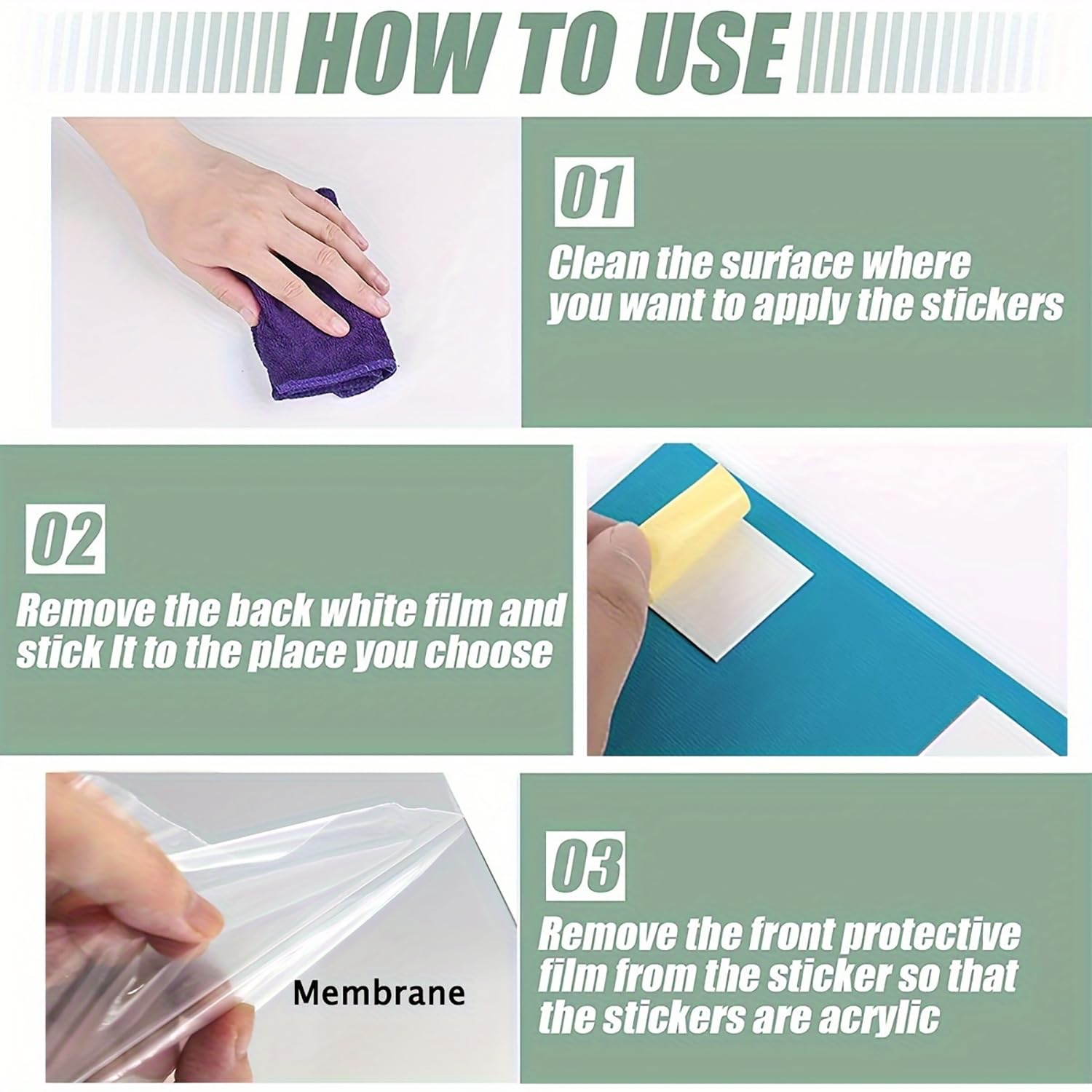 Instructions on how to use stickers with images of cleaning a surface, removing a white film, and peeling off a protective膜.