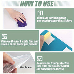 Instructions on how to use stickers with images of cleaning a surface, removing a white film, and peeling off a protective膜.