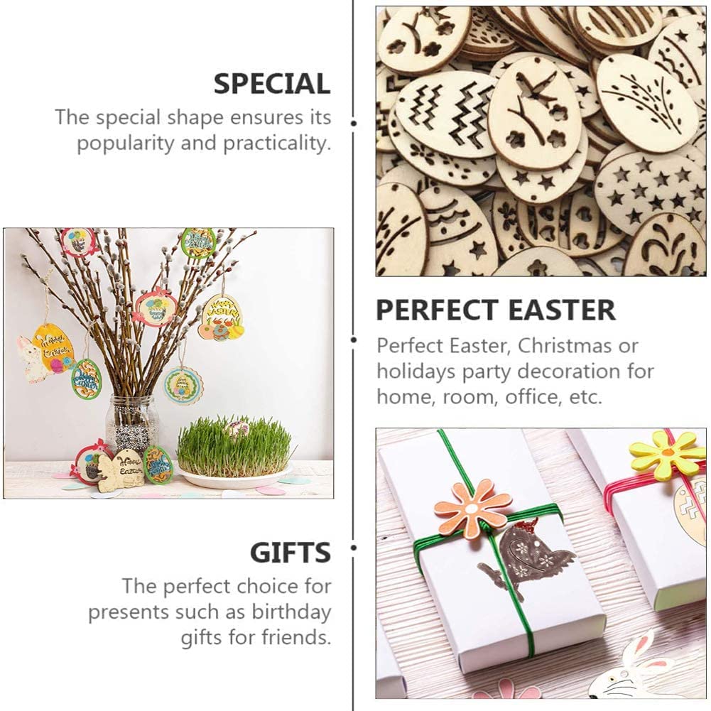 Wooden cutouts with decorative shapes on a white background, suitable for Easter, Christmas, or holiday decorations.