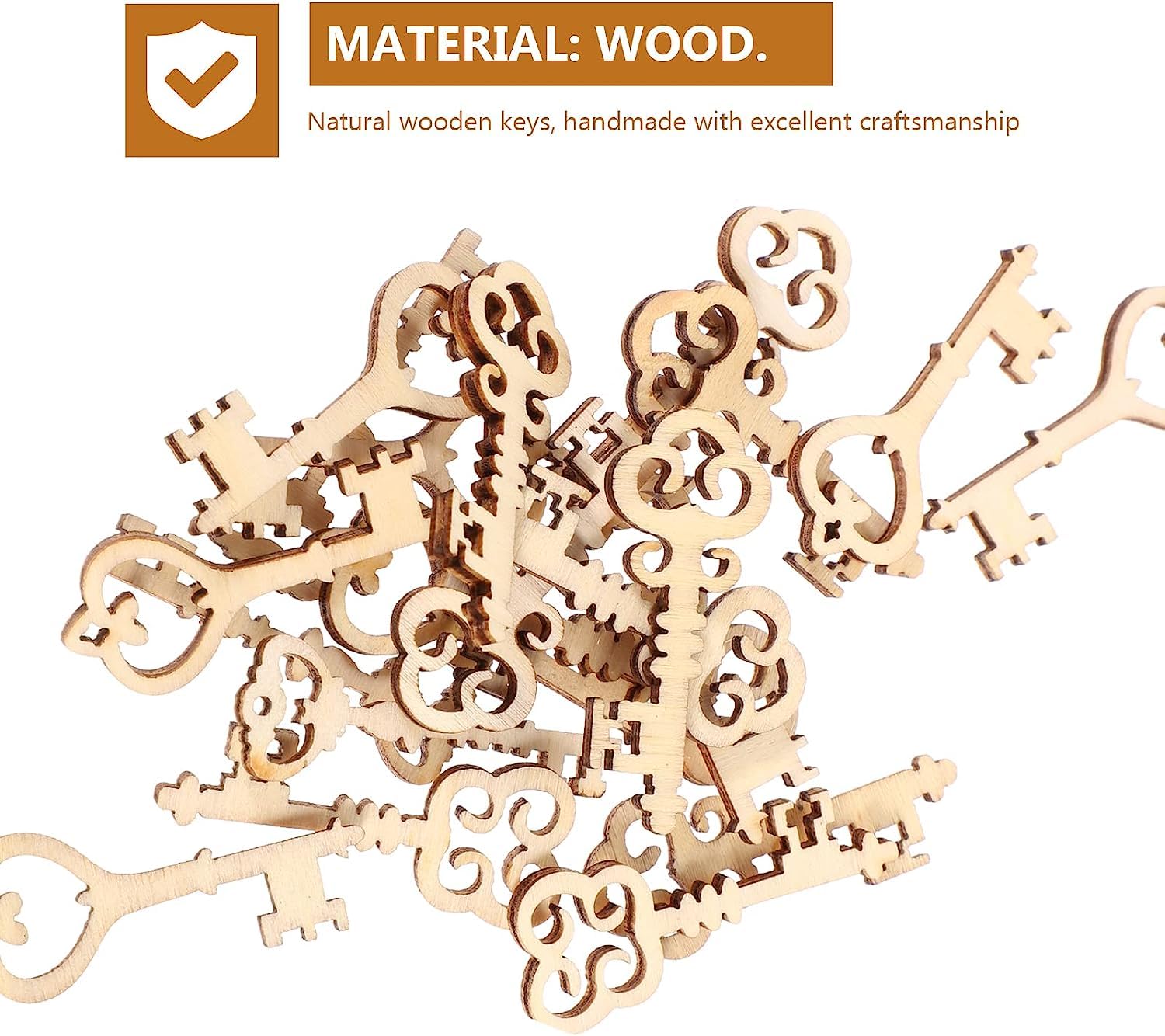 Wooden keys with intricate designs on a white background, labeled as handmade with excellent craftsmanship.