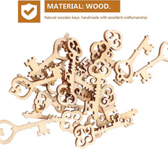 Wooden keys with intricate designs on a white background, labeled as handmade with excellent craftsmanship.