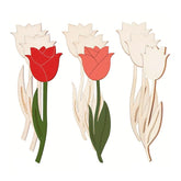 Wooden tulip decorations with red and beige flowers on a white background