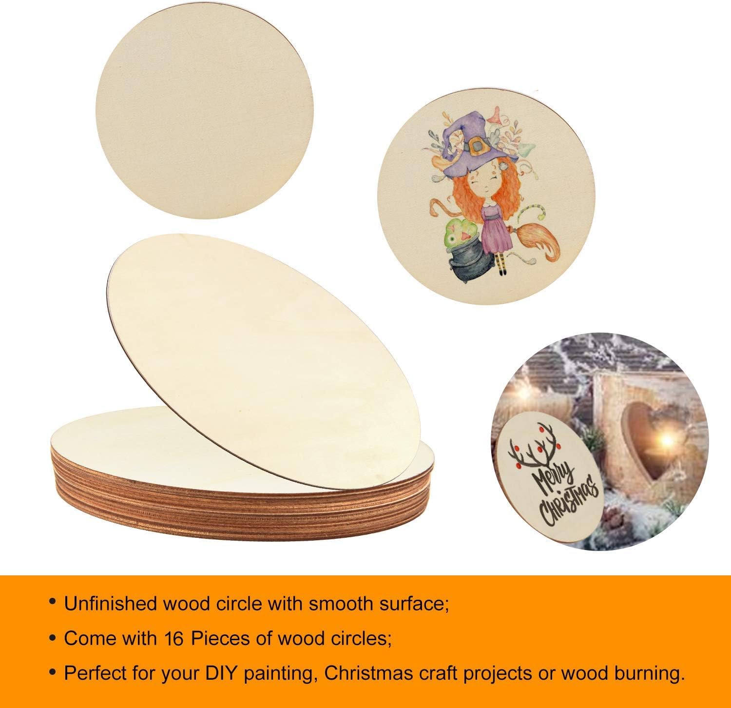Unfinished wood circles with a stack of them and decorated ones on a white background.