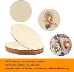 Unfinished wood circles with a stack of them and decorated ones on a white background.