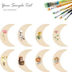 Decorative crescent moon shapes with illustrations on a white background, accompanied by paintbrushes.