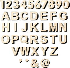 Set of wooden letters and numbers on a white background