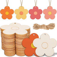 American Elm 50 Pcs Wood Flower Cutouts Bulk Pack Boho Flower Shapes with Holes, Hemp Rope Included, DIY Hanging