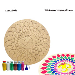 Round wooden board with floral design and Om symbol, accompanied by paint bottles and a colorful painted version.