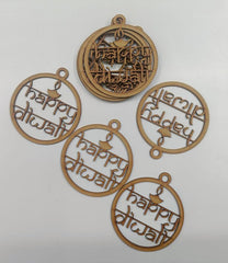 Five wooden 'Happy Diwali' decorative pendants on a white background