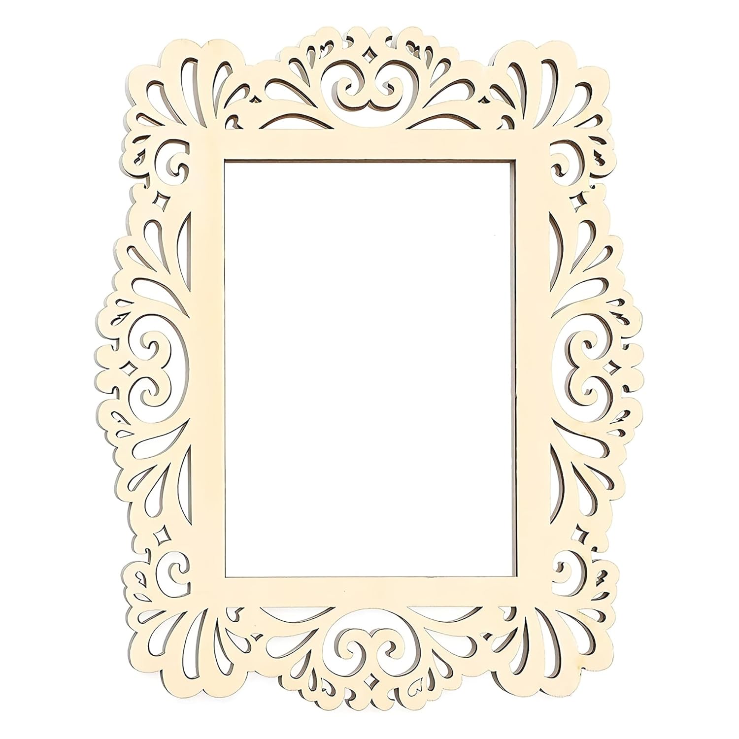 Decorative beige picture frame with intricate cut-out patterns on a white background