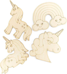 Set of wooden unicorn and rainbow decorations on a white background