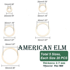 American Elm 100 Piece Wooden Ring Set 5 Size Unfinished MDF Circles for DIY Jewelry, Crafts & Home Decor
